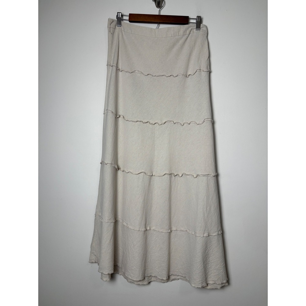 Roz & Ali Linen Blend Tiered Maxi Skirt 12 Beachy Boho Coastal Earthy Western